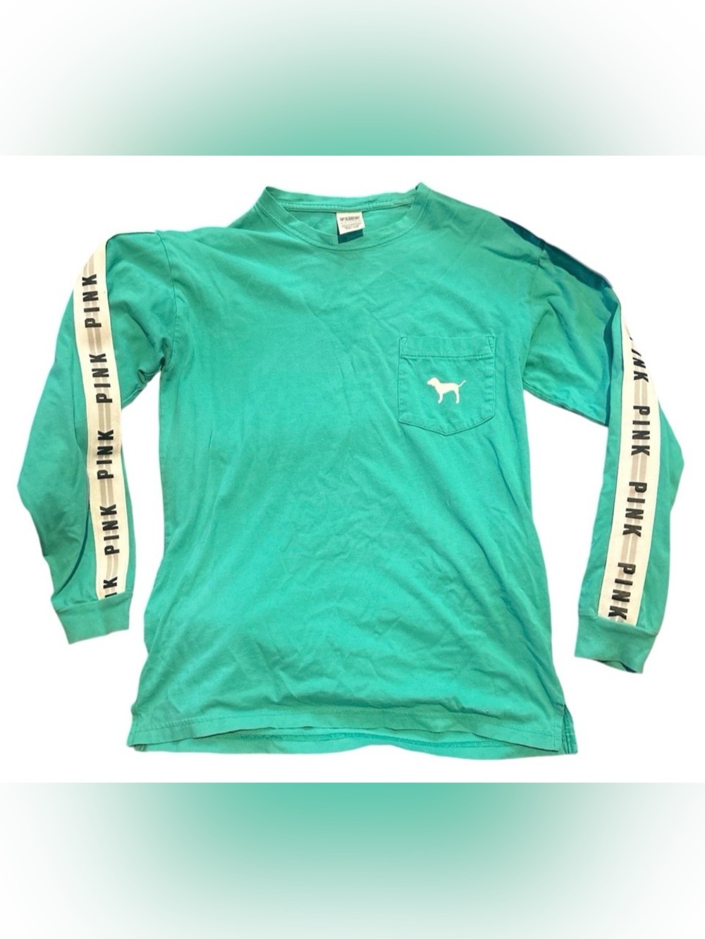 VS PINK Mint Green Long Sleeve Campus Pocket Tee Logo Spellout Striped XS